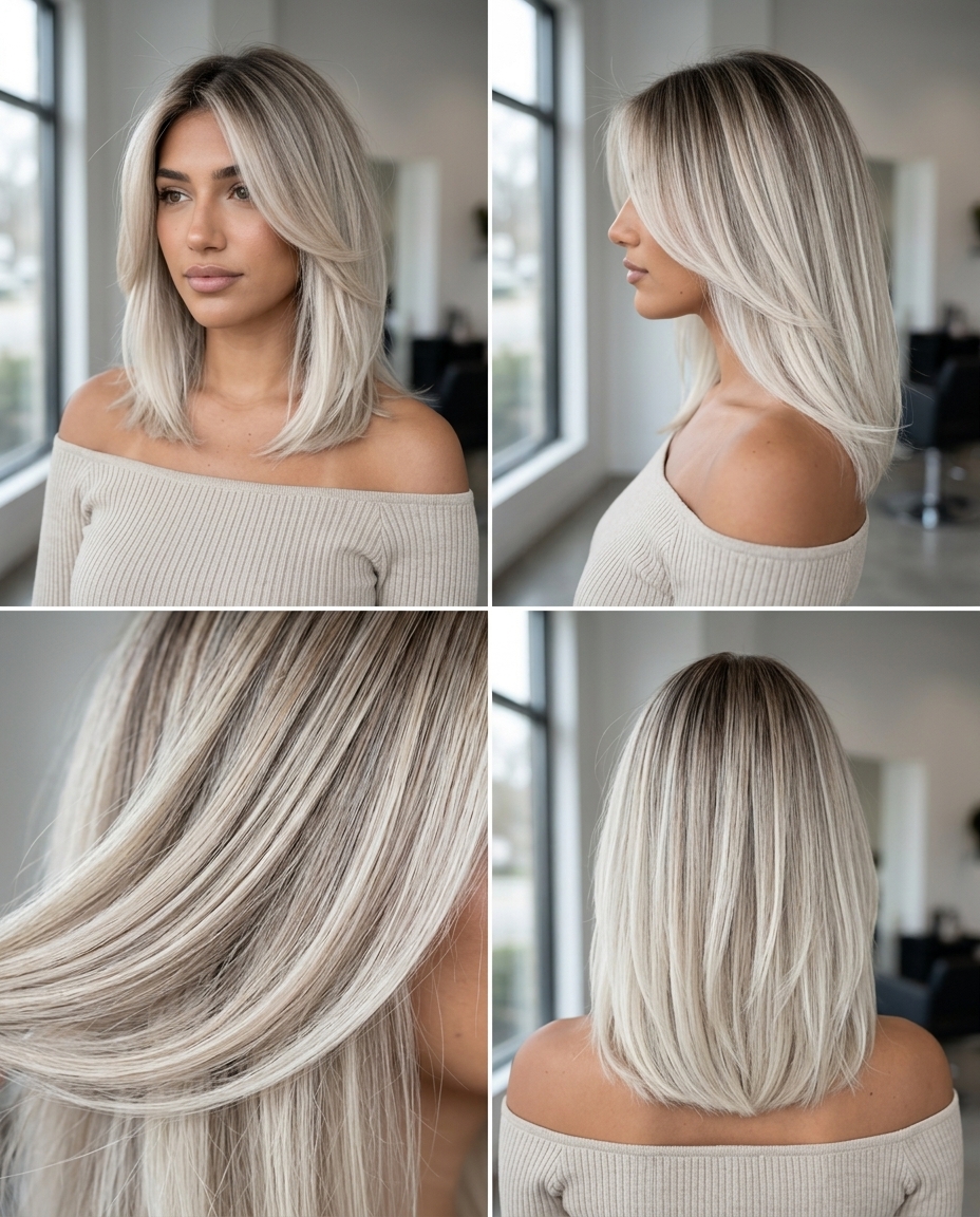 long layered hair color with cool platinum blonde, balayage, and root smudge for summer