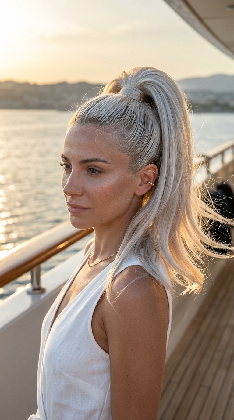 long platinum blonde voluminous ponytail with cool silver for gym