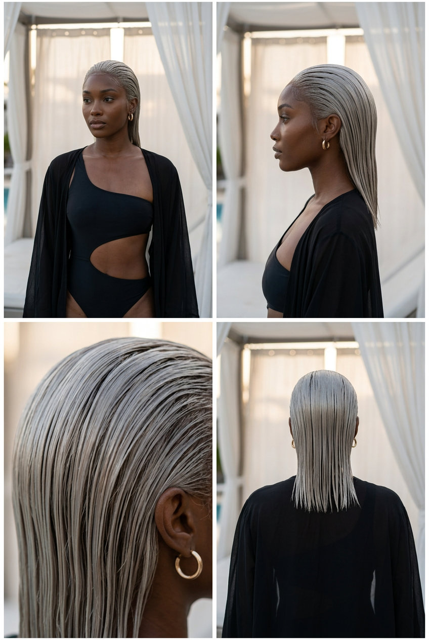 long icy platinum slick back with high-gloss finish, wet look, no fringe — edgy date night