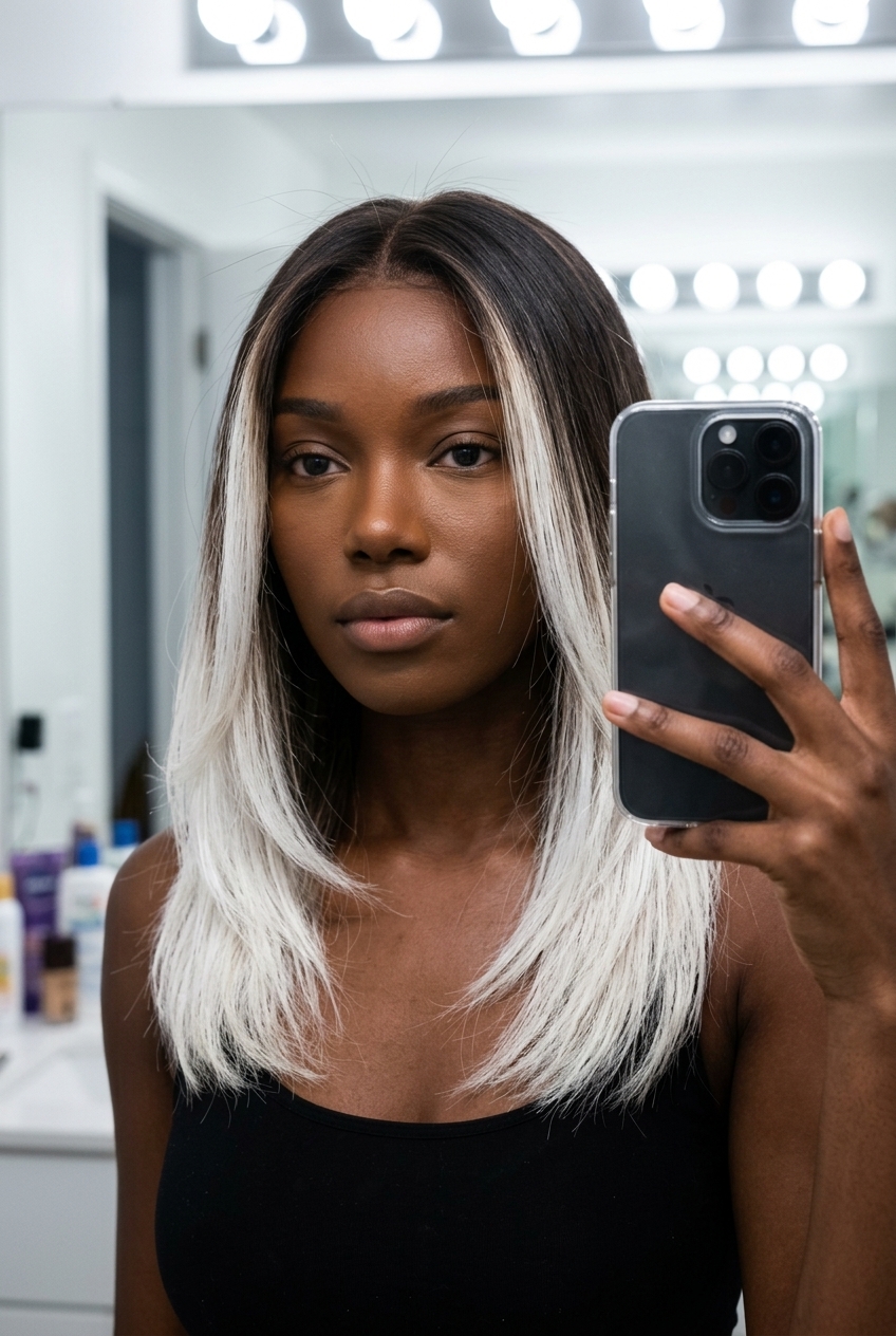 medium blunt 'Electric Platinum' dip-dye with icy platinum blonde, dark contrast base — edgy summer hair