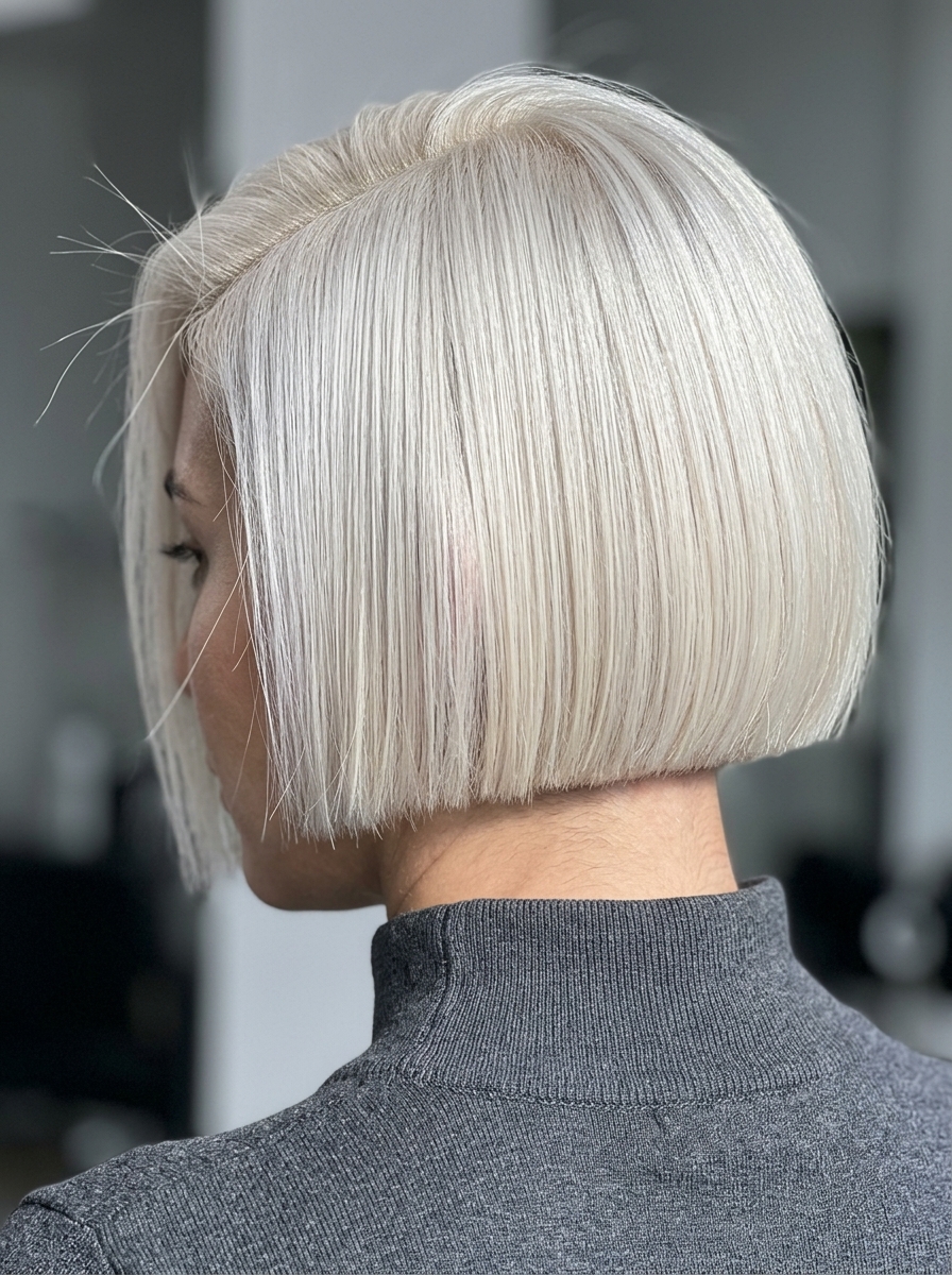 short bob haircut with icy platinum blonde, silver toner and ultra-blunt perimeter for edgy