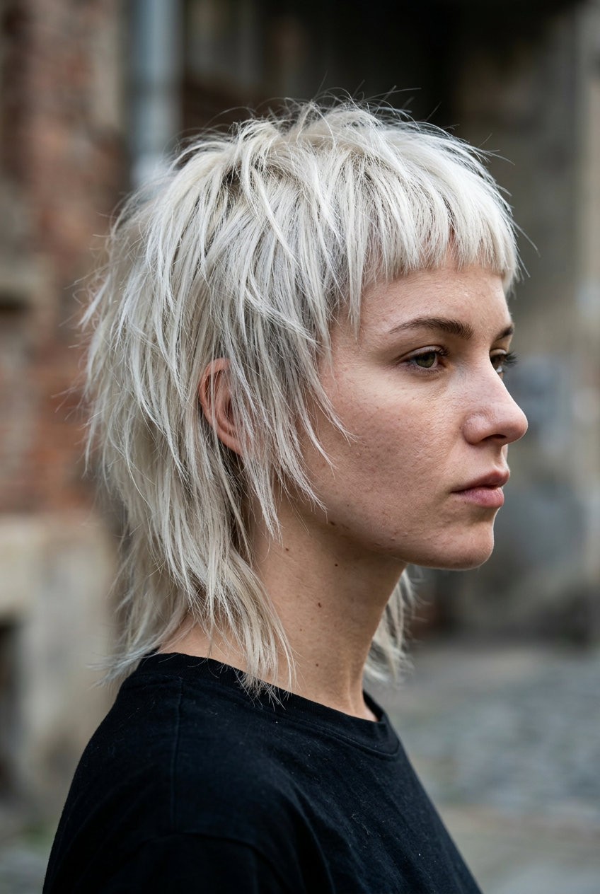 short-to-medium shag haircut in platinum blonde, razored layers, micro-fringe — edgy punk