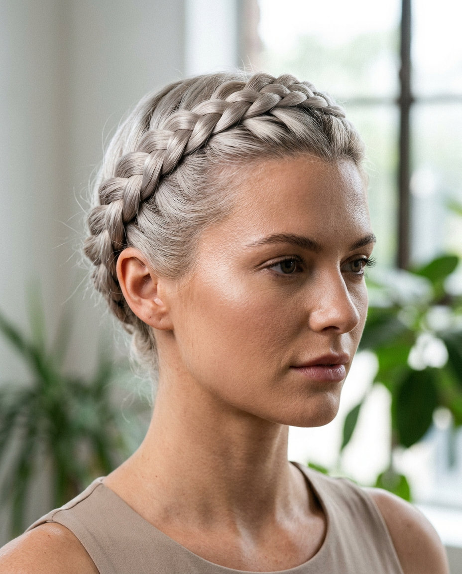 very short platinum ice blonde braided crown with textured loops and micro-fringe for festival