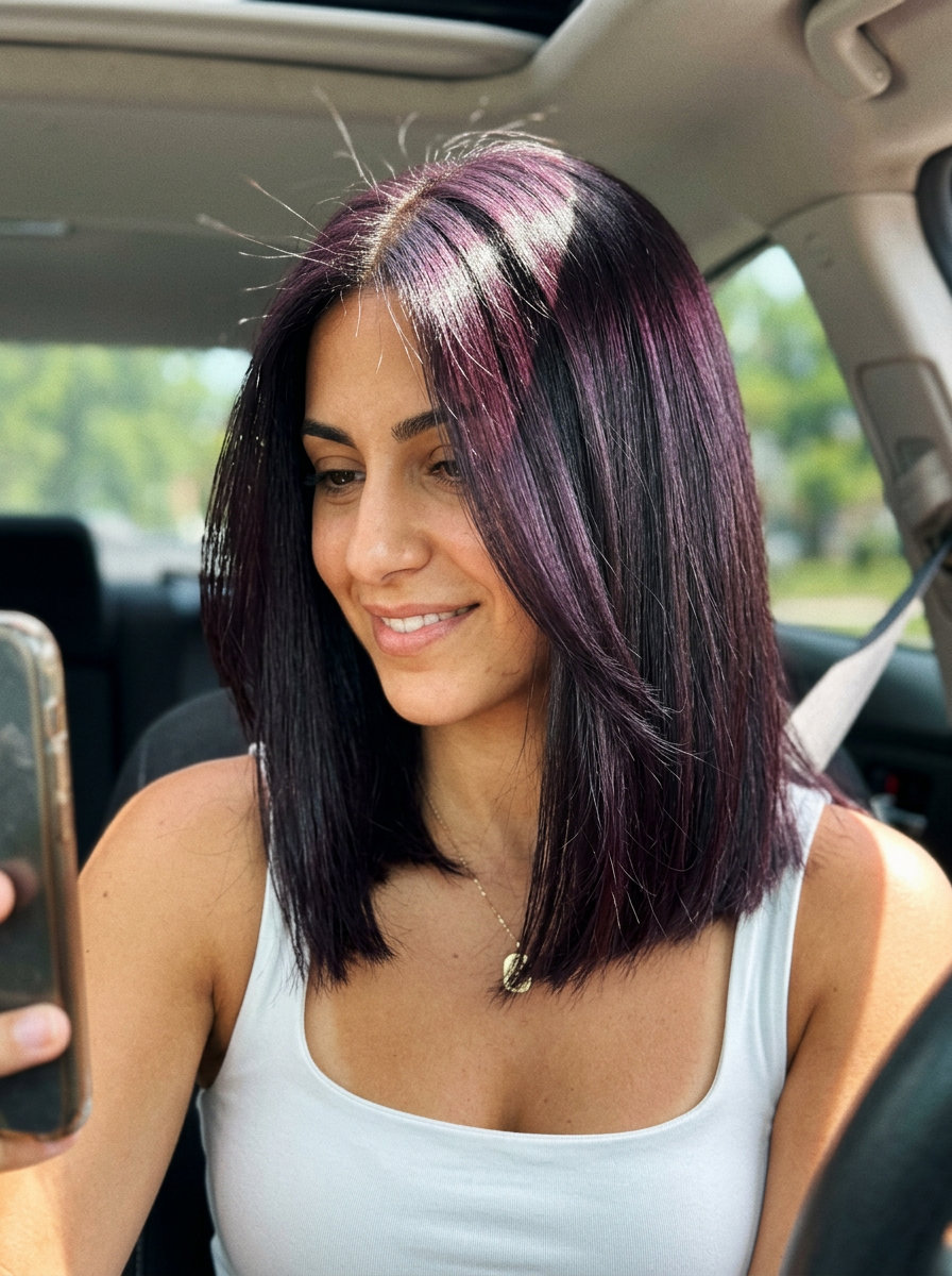 long sleek straight midnight brunette with all-over plum infusion, rich violet-plum reflect, no fringe — bold mysterious gala