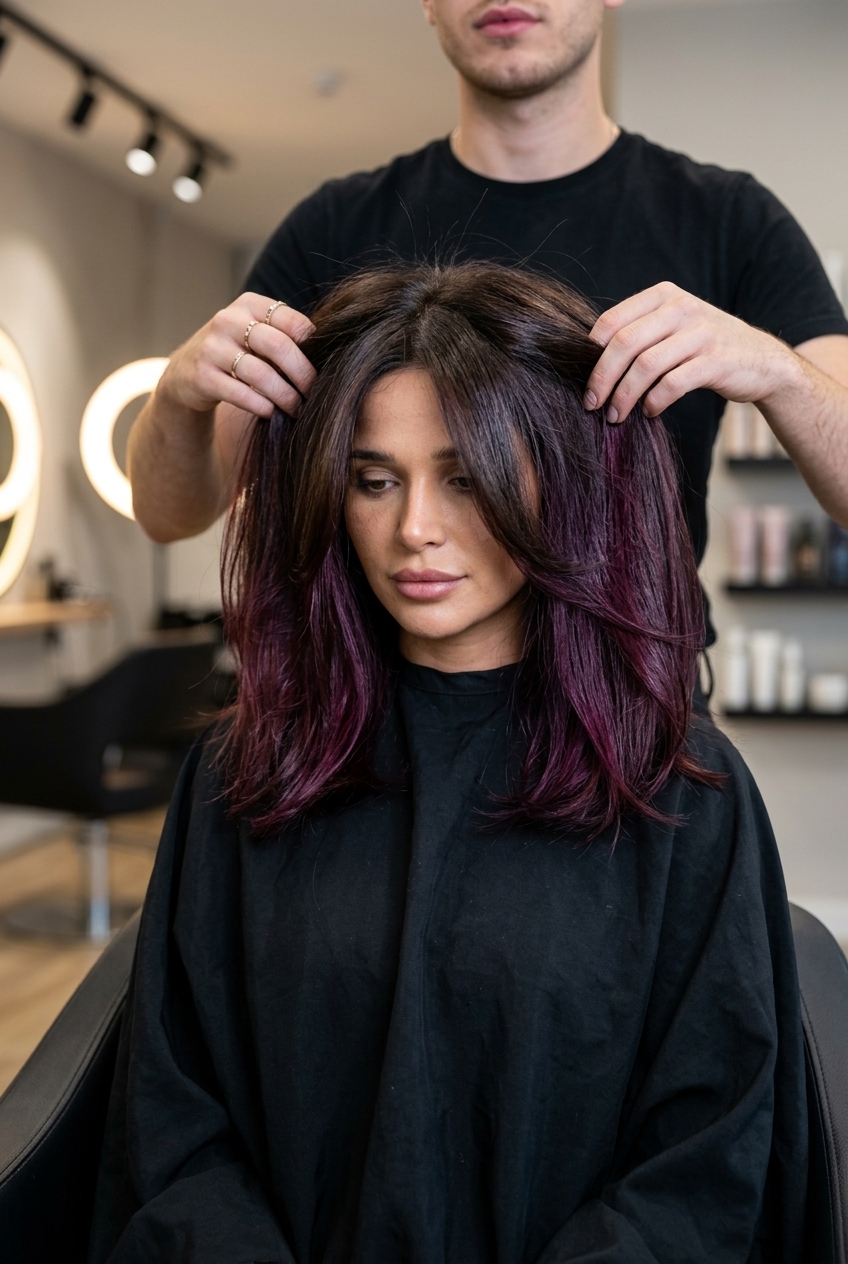 long sleek lob with plum peekaboo undercut, midnight mocha base, no fringe — playful music festival