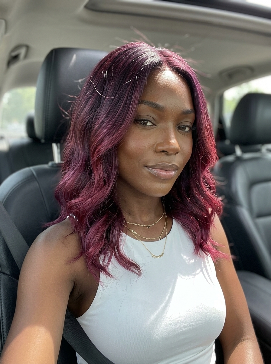 long deep plum to berry ombre with magenta undertones, custom blend, no fringe — alluring look