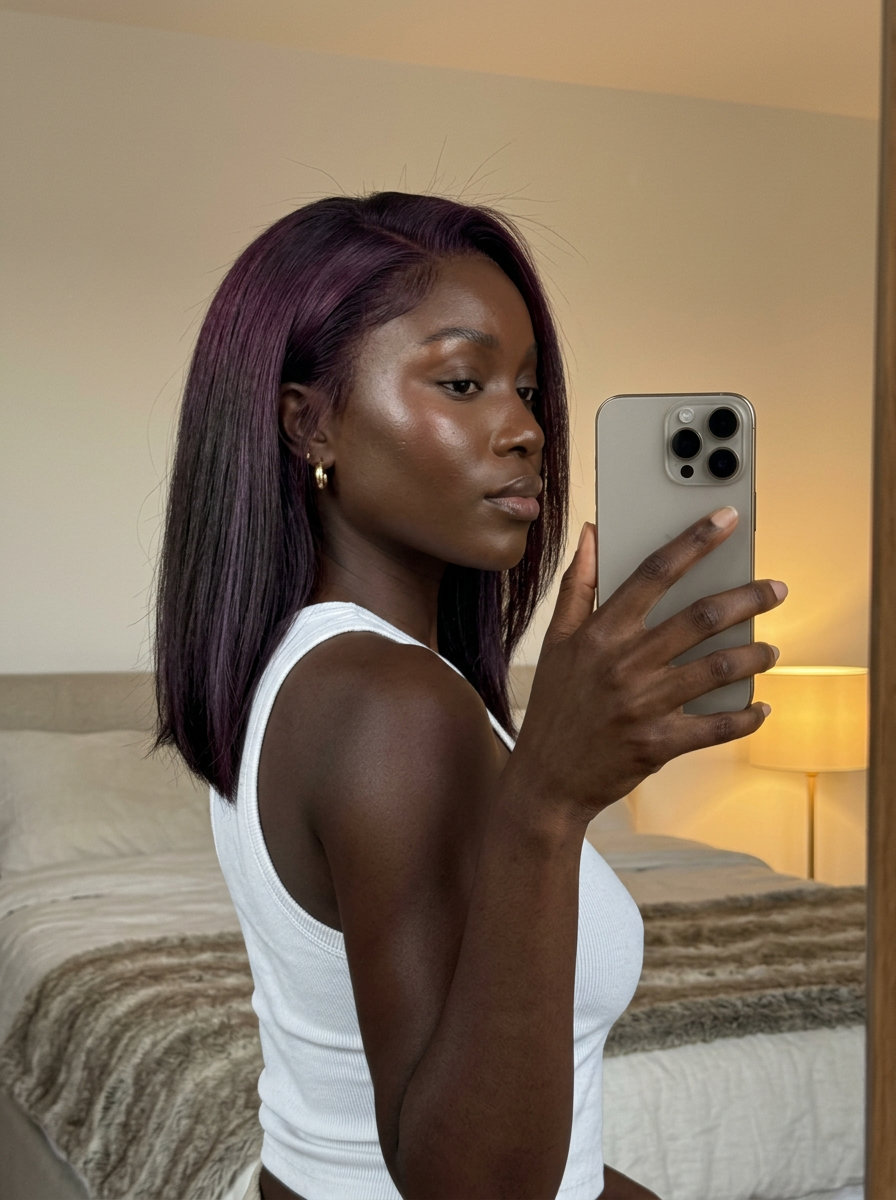 short plum shadow root with cool violet blend, seamless transition, no fringe — sophisticated