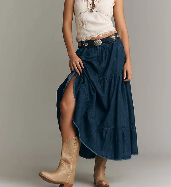 skirt 100% Cotton Tiered Denim Midi Skirt by Pilcro in Blue, Size: Medium at Anthropologie Anthropologie $158