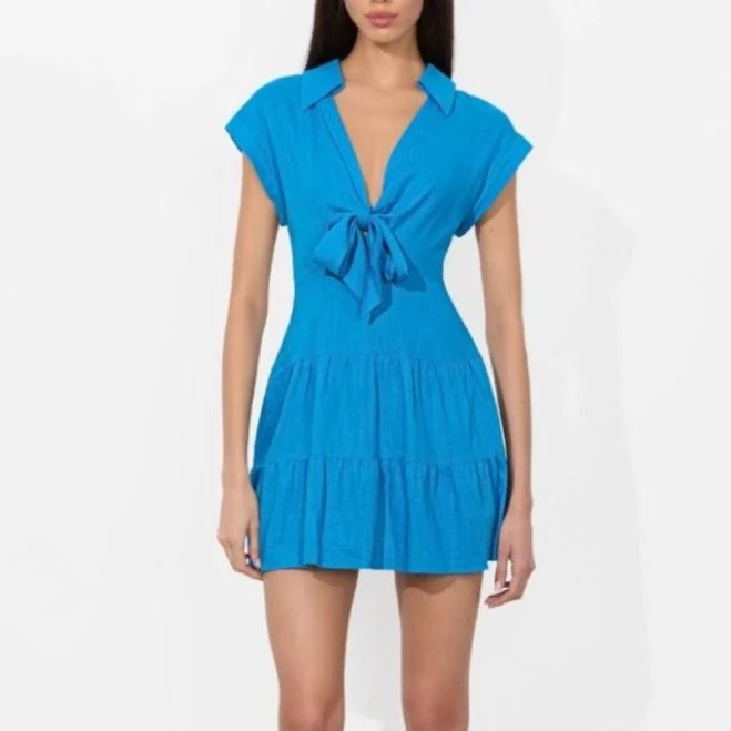 dress Alice + Olivia Women's Mila V Neck Tie Fit Linen-Blend Mini Dress Poshmark $80