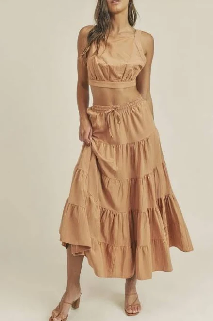 matching set BADDIESHE Linen Mix Crop Top & Ruffle Tier Midi Skirt Set Baddieshe $68