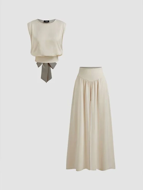 silk outfits Breathable Lightweight Satin Knotted Top and Wide Leg Trousers Set Cider $47.9
