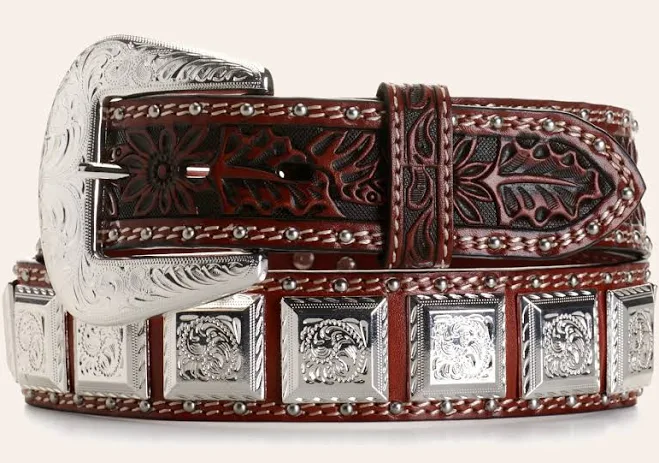 accessory Cowboy Chrome Men's Floral Tooled Silver Square Concho Belt Cavender's Boot City Western Store $80
