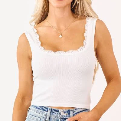 top Cropped Lace Trim Rib Knit Tank Top Lime Lush $19.99