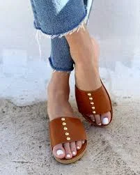 shoes Leather Slides Tan Natural Color With Gold Studs , made in Greece handmade leather sandals Etsy $105.31