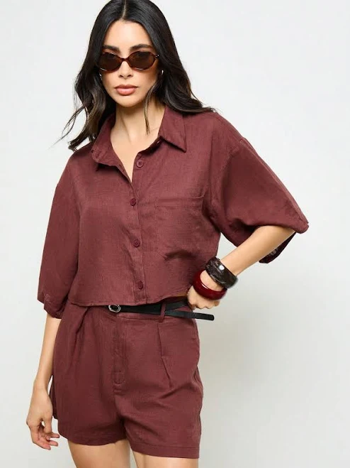 matching set Linen Boxy Button Down Cropped Shirt and High Waist Short Set missguided $26.04