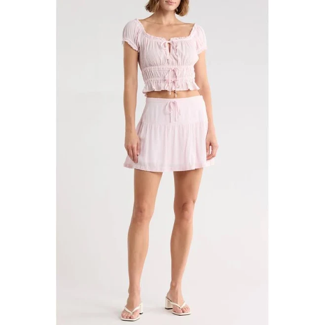 matching set Madden Girl Women's Puff Sleeve Peplum Crop Top & Miniskirt Set Nordstrom Rack $29.97