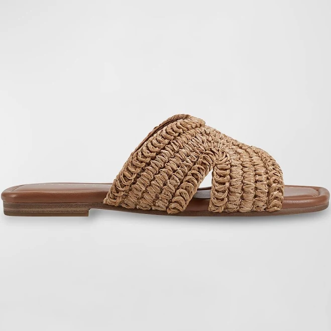 shoes Marc Fisher Ltd Narda Woven Raffia Flat Slide Sandals, Light Natural, Women's, 41EU, Sandals Slides Neiman Marcus $89