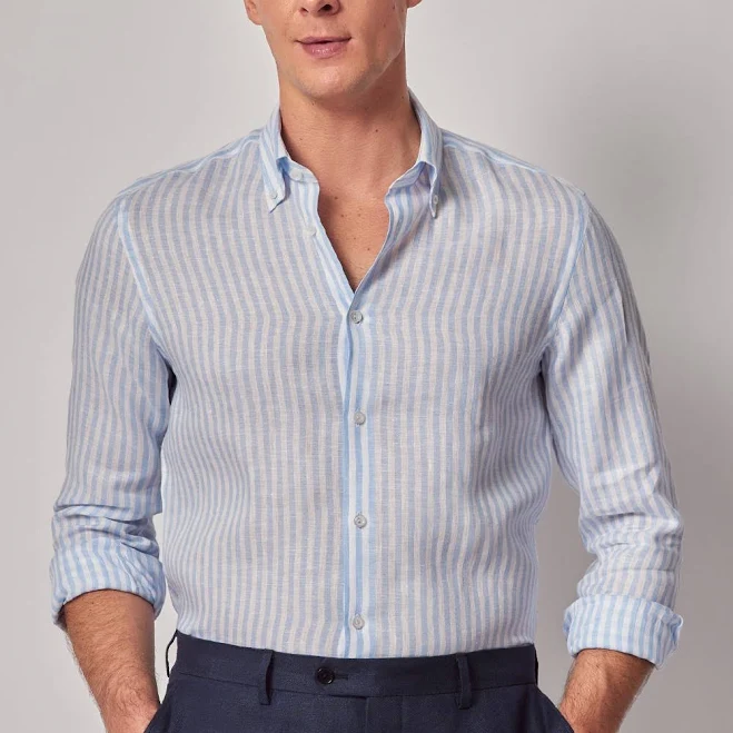 top Men's Hawes & Curtis Blue Stripe 100% Linen Slim Shirt S Hawes & Curtis USA $39