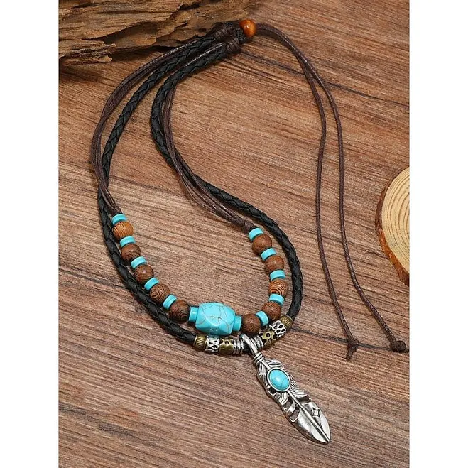 accessory Men's Vintage Tribal Feather Pendant Necklace with Turquoise Beads OUKU.com $9.99