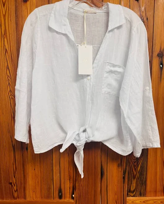 shirt MILIO Milano Italian Linen Tie-Front Cropped Top shopperiwinklesgifts.com $88
