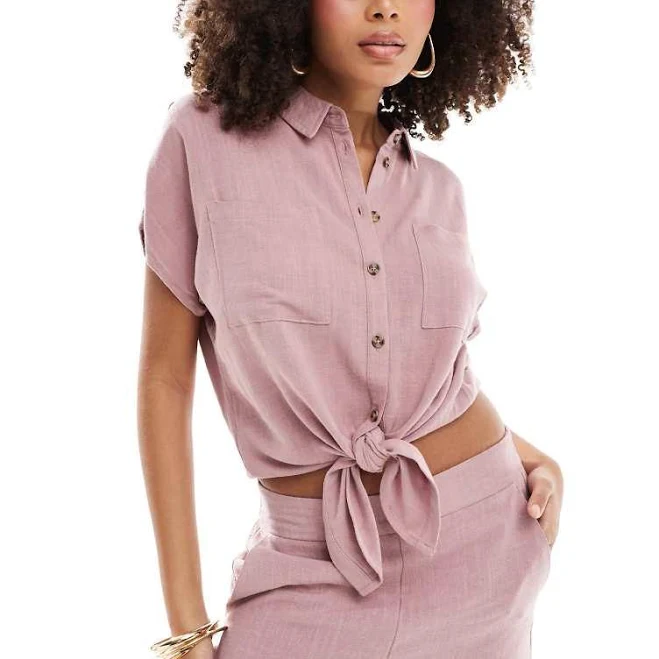 matching set Pieces mix tie front linen shirt ASOS $55.5