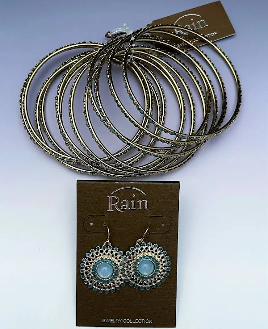 accessory Rain Jewelry Gold and Turquoise Stacked Bangles & Matching Earrings eBay - silverqueeninc $30
