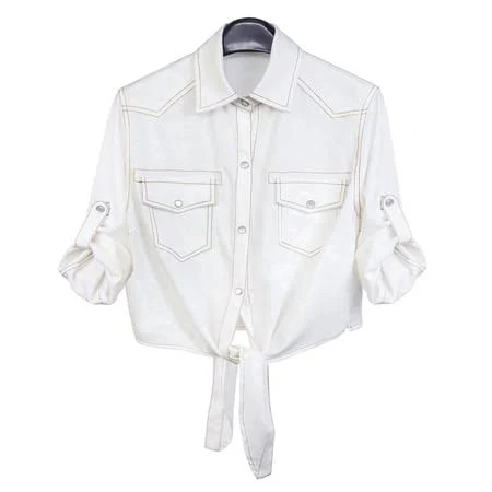 shirt SeekMe Womens Denim Shirts Tie Front Crop Top Button Down Chambray Jean Shirts Walmart - Lentta $26.95