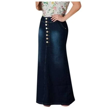 maxi skirt Women's Casual Front Button Denim Maxi Skirt Walmart - linglang $35.55