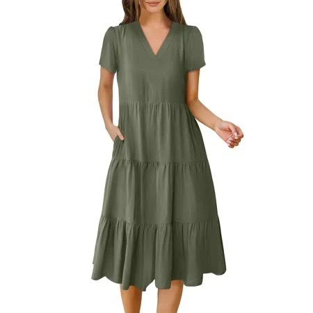 dress Women's Flowy Short Sleeve V-Neck Flowy Tiered Midi Dress Walmart - ANRABESS FASHION $27.99