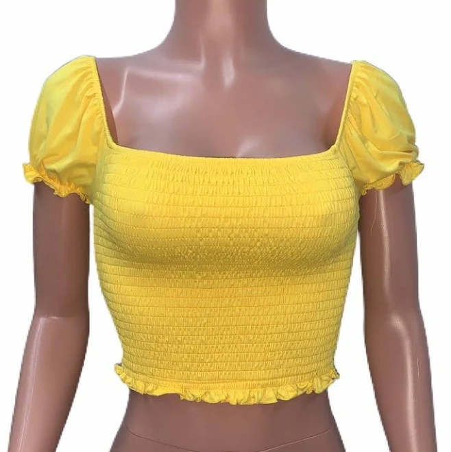 top Yellow Smocked Stretchy Fitted Puffy Sleeves Coquette Crop Top Milkmaid eBay - bella-bebe $25