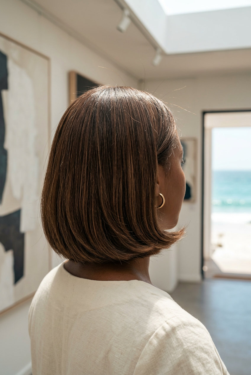 short rich brunette bob with caramel lowlights and sleek finish for professional event
