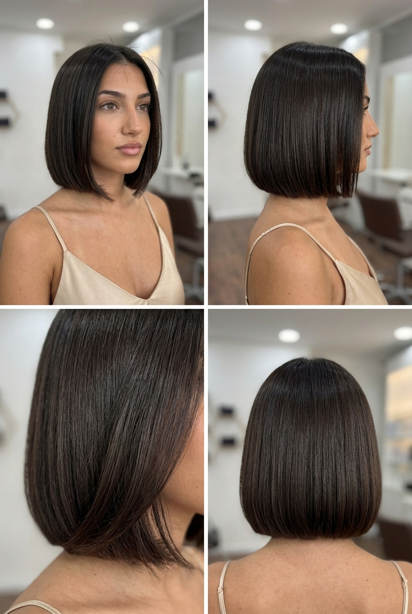 short rich deep brunette with high-gloss finish, single process color — sleek professional