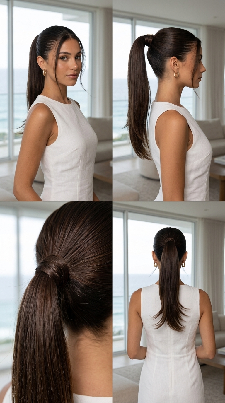 long rich espresso ponytail with high-shine finish, wrapped base, no fringe — sophisticated
