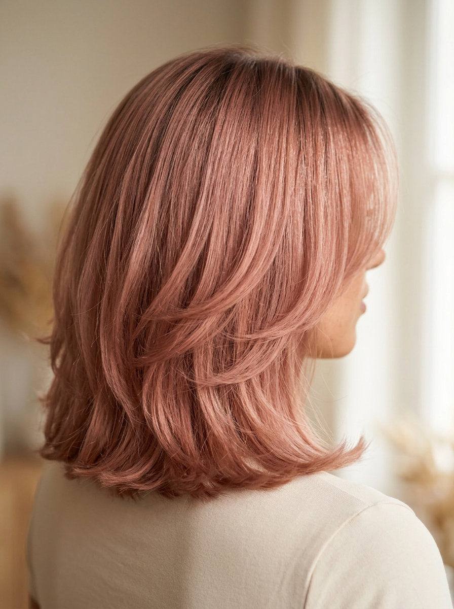 collarbone-length rose gold butterfly lob with curtain bangs and wispy ends for romantic style