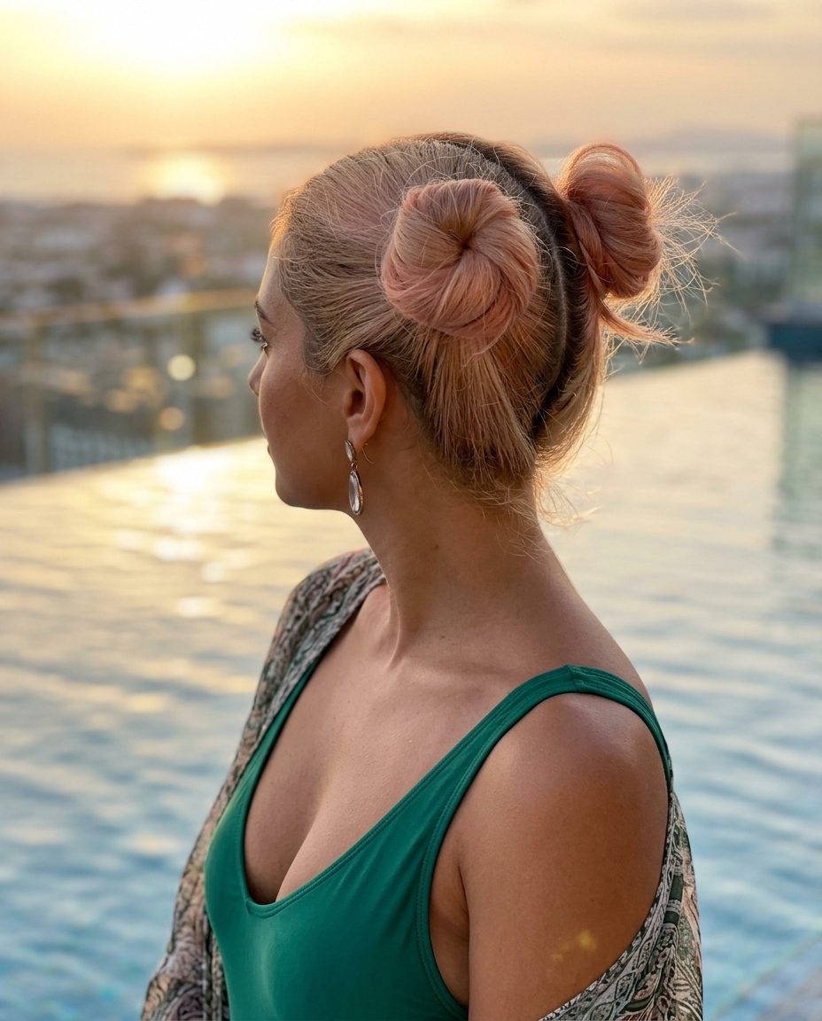 long rose gold ombré space buns with textured layers for festival