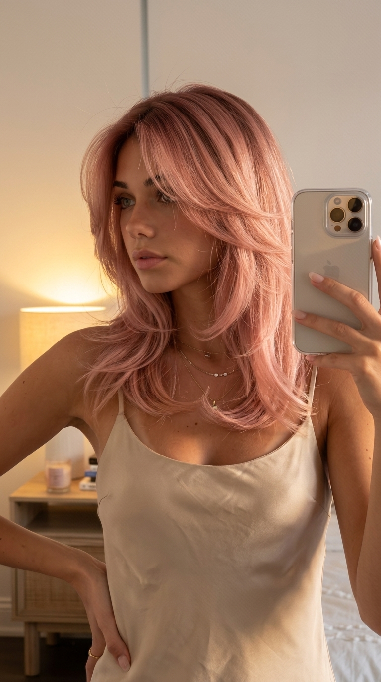 medium butterfly cut with rose gold, wispy fringe and face-framing layers — romantic and ethereal