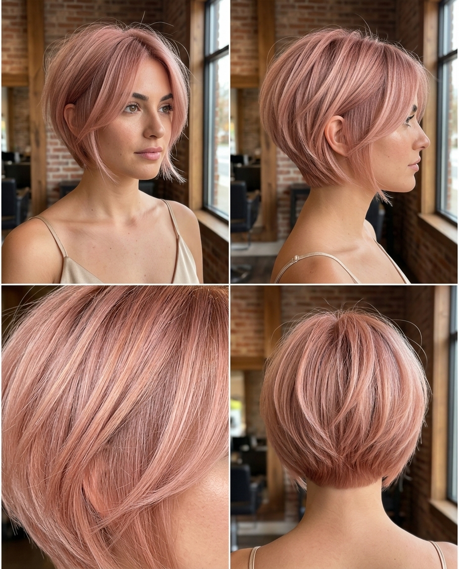 short rose gold bixie with iridescent shimmer and wispy fringe for date night