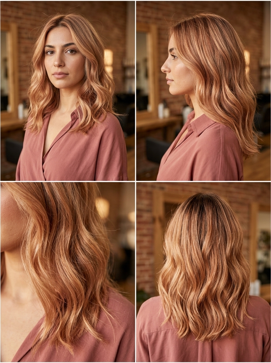 long rosy strawberry blonde with copper highlights, balayage — romantic weekend brunch