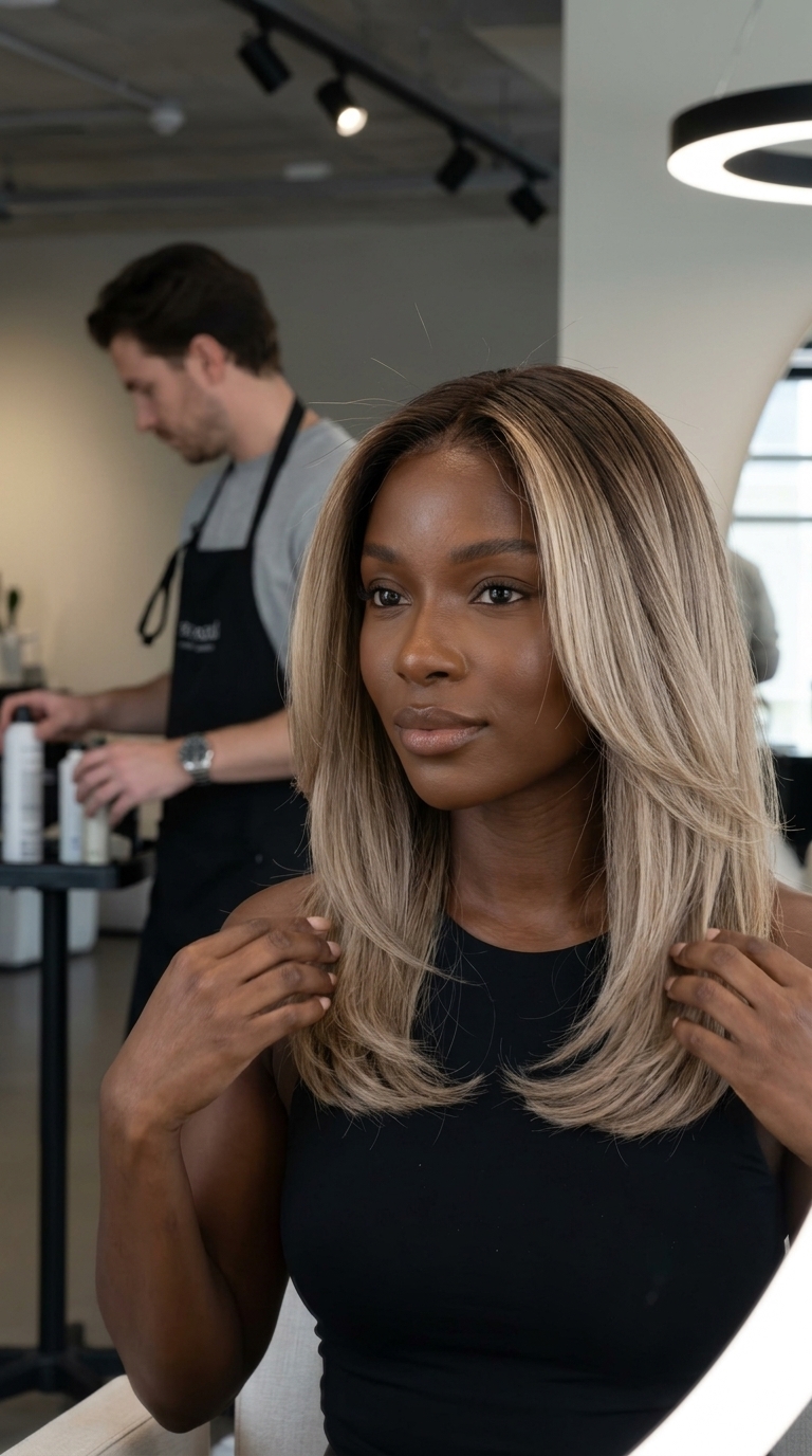 mid-length sand beige color melt with neutral brown, root smudge blend, face-framing layers — sophisticated chic