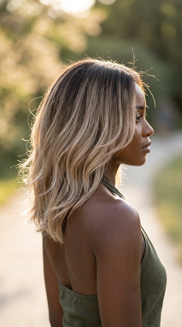 long sandstone beige balayage with neutral cool undertones, freehand painted, no fringe — boho chic summer