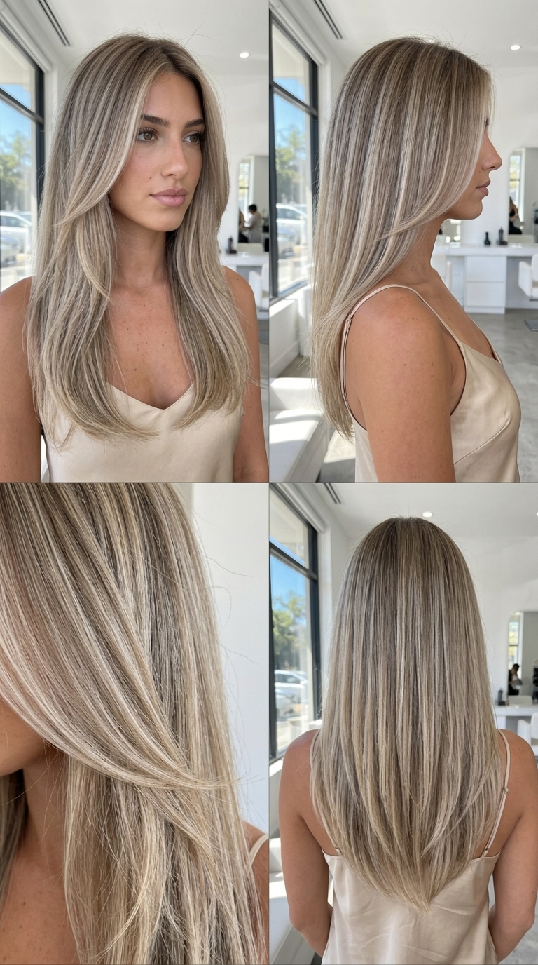 Sandy Ash Blonde Balayage 2026: Beachy Waves long ash blonde hair with sandy ash blonde balayage, soft layers, money pieces — playful beachy