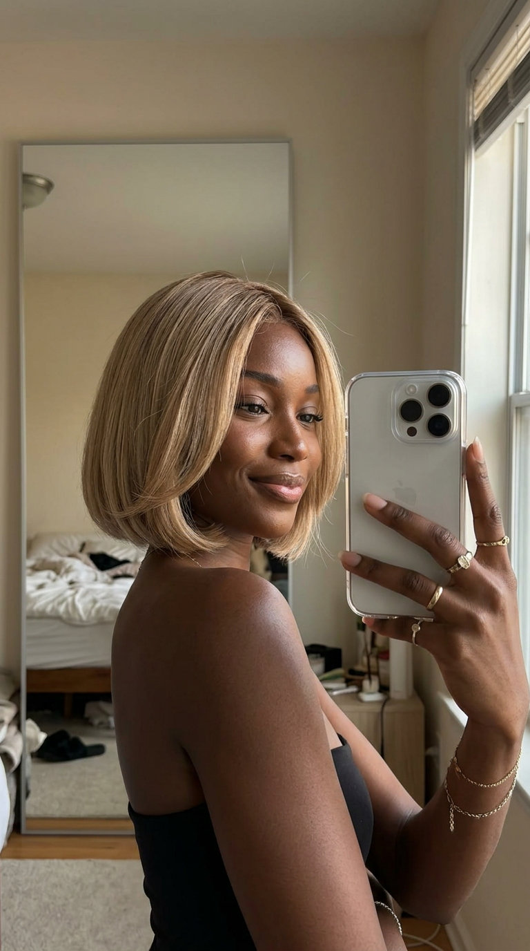 short bob haircut with sandy beige blonde, natural root smudge and soft point-cut perimeter for soft