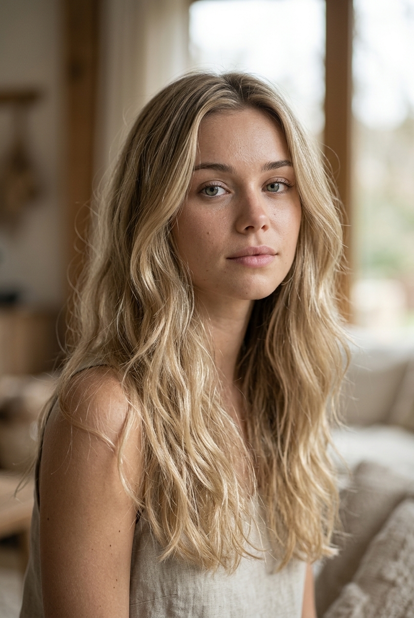 long layered wavy haircut in neutral sandy blonde with babylights and ghost layers for summer