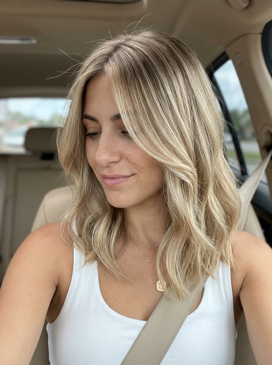 medium lob haircut with sandy blonde balayage, subtle layers, and face-framing pieces for a relaxed style