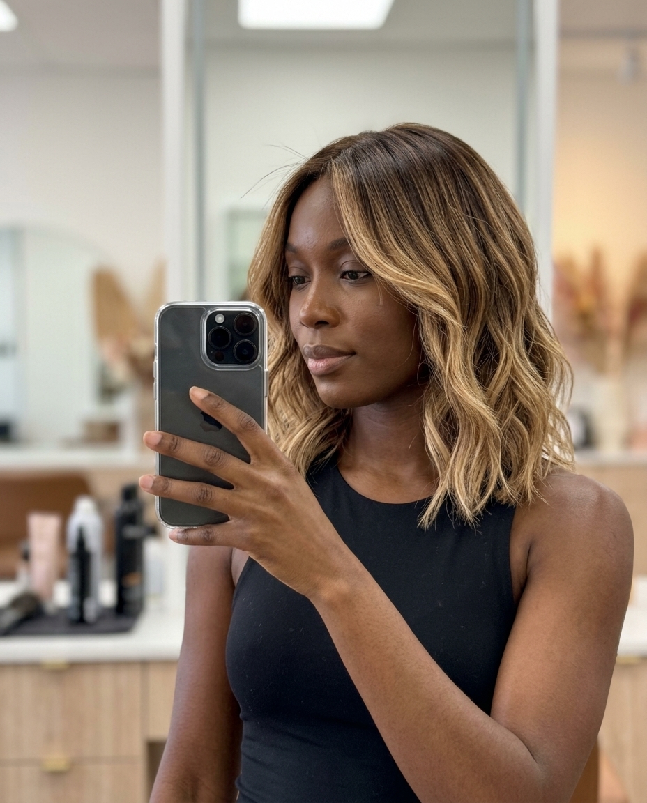 medium lob haircut with sandy blonde ombré, caramel accents, and face-framing layers for a beachy style