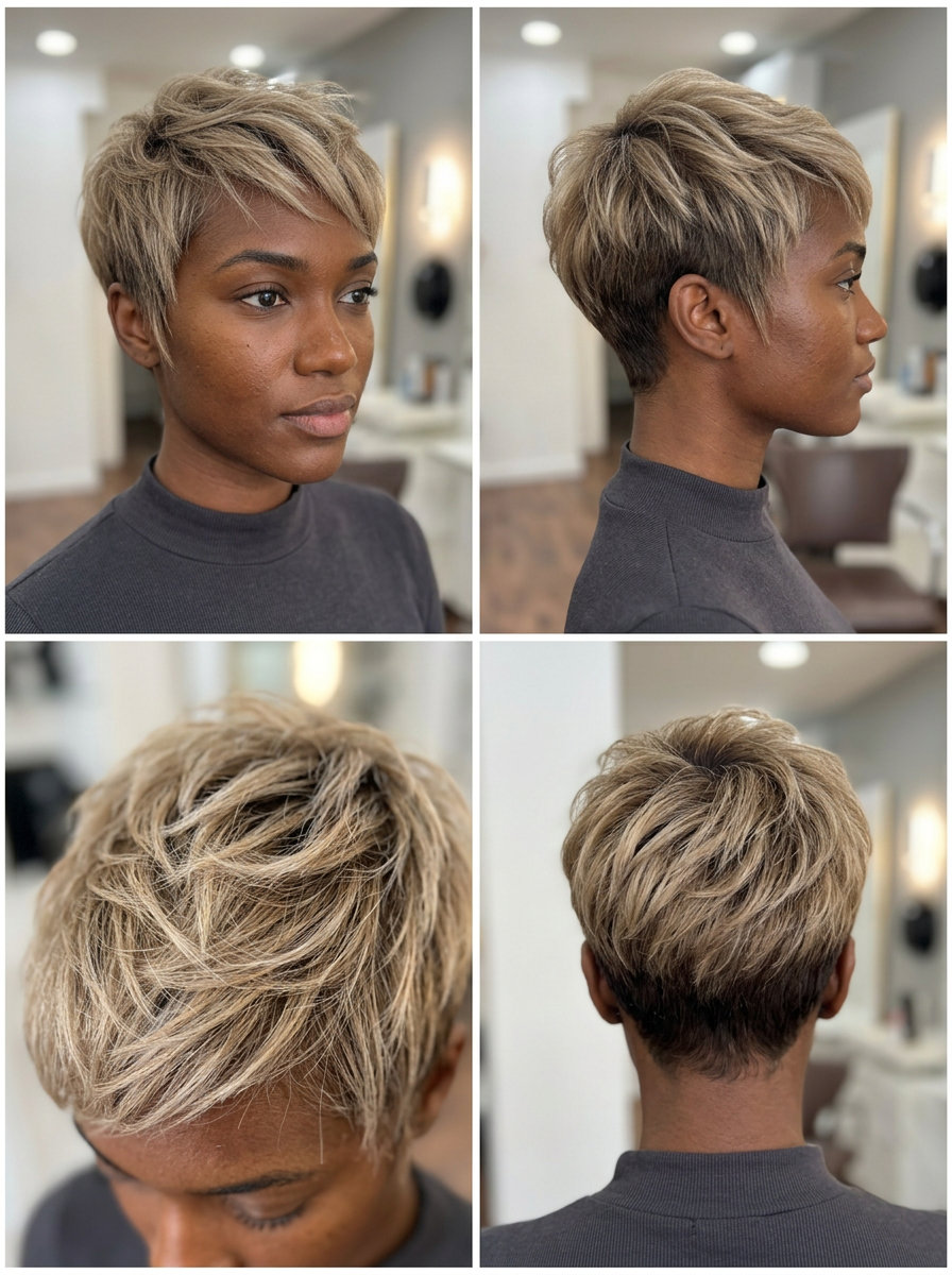 Sandy Blonde Pixie Haircut 2026 very short textured pixie haircut with sandy blonde, babylights for playful beachy