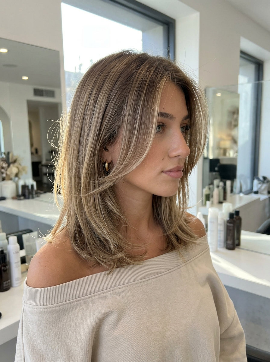 collarbone-length butterfly lob with sandy brown and cool blonde babylights for relaxed chic