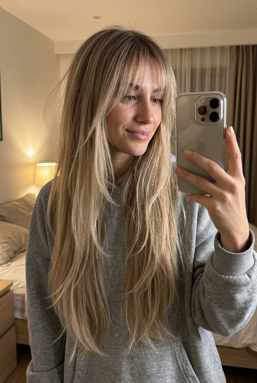 ultra-long hair with sandy linen blonde, subtle layers and wispy bangs — soft and ethereal