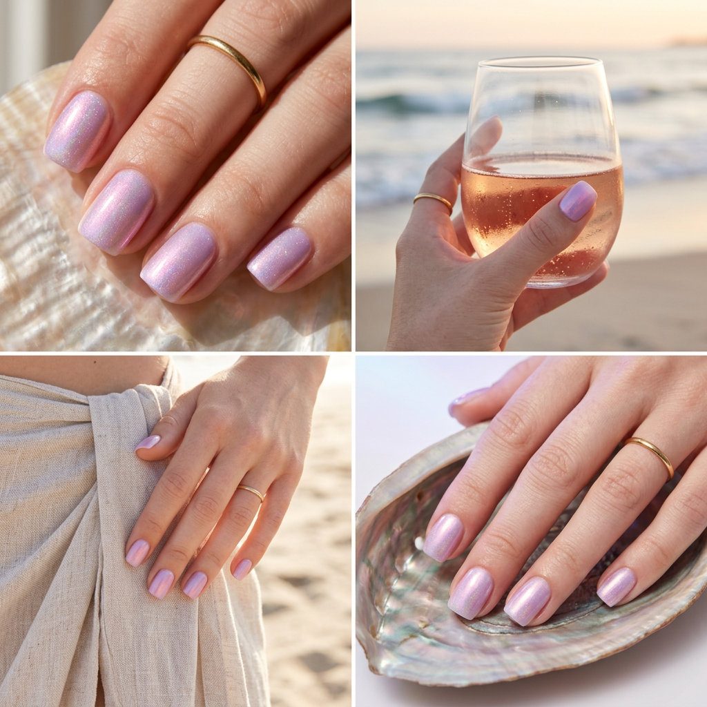 Mystical Aura Square Nails - Shell Summer Nails 2026 Abalone Aura Square nails for shell summer nails 2026. Futuristic iridescent lavender and pink gradient.