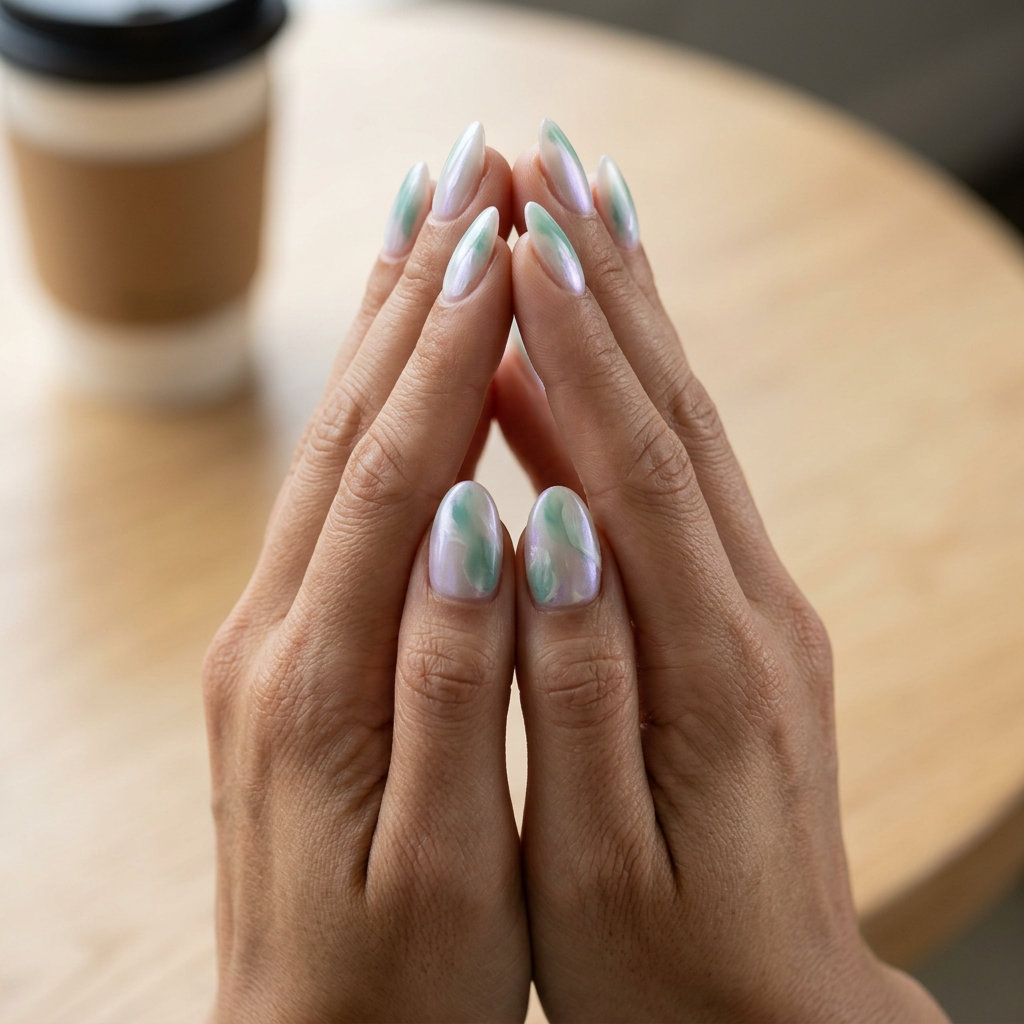 Watercolor Almond Nails 2026 | Bohemian Chic Abstract watercolor almond nails with seafoam green and pearlescent white for shell summer nails 2026.